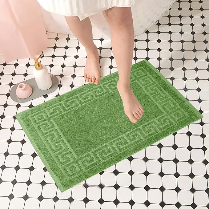 DAN RIVER Greek Bath Mat - Green, 100% Ring Spun Cotton, Pack of 2, 20x32 inches, 800 GSM, Non-Slip, Absorbent, Quick Drying, Machine Washable Bathroom Floor Mats for Shower, Kitchen & Bath