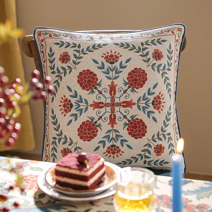 patdrea Designer Throw Pillow Covers Set of 2,Square Brilliant Vintage Red Tropical Linen with Floral Pattern Pillow Cover,Decorative Pillowcases Cushion for Bed Living Room Outdoor Car,18"x18"