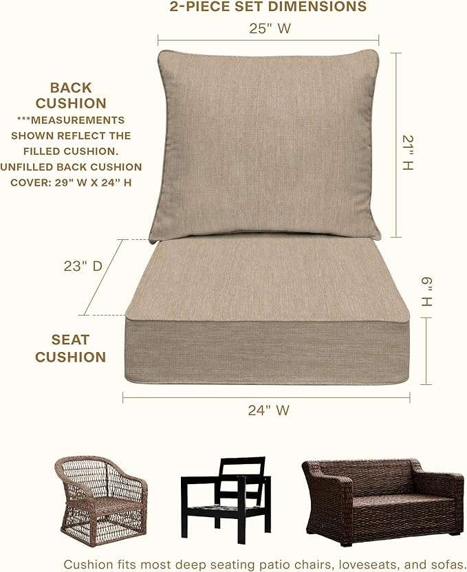 Honeycomb Outdoor Deep Seat, 24 x 23, Textured Solid Birch Tan Chair Cushion for Patio Furniture