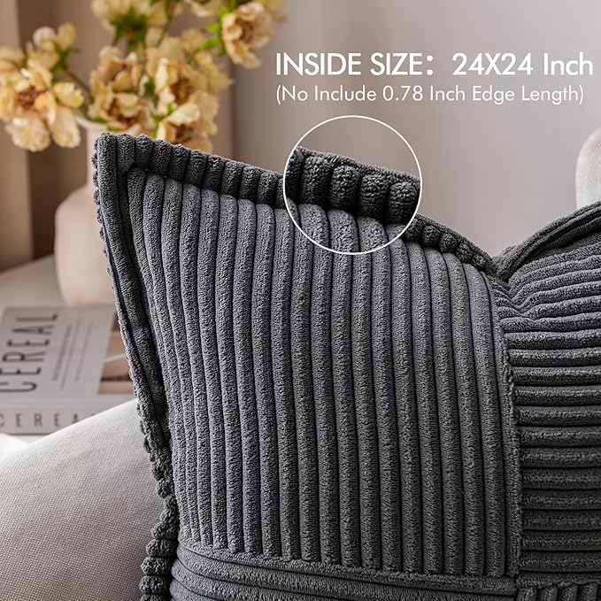 MIULEE Dark Grey Corduroy Decorative Euro Sham Pillow Covers 24x24 Inch with Splicing Set of 2 Soft Boho Pillow Covers Broadside Textured Pillowcases for Couch Bed Livingroom