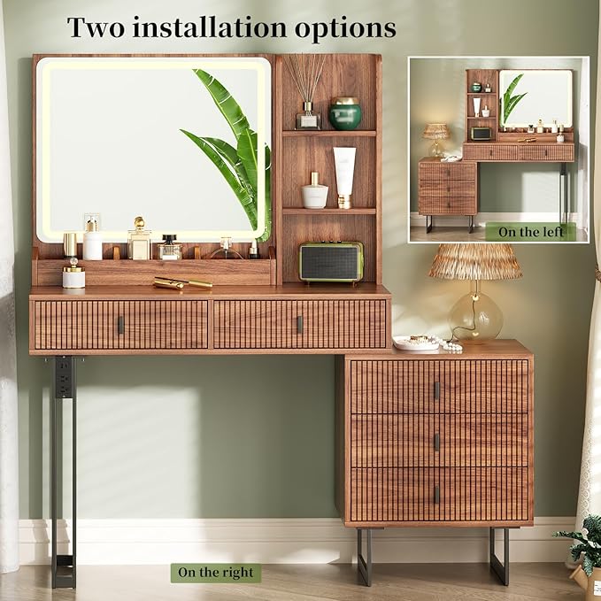 Large Vanity Desk with 3 Color Touch Screen Dimming Mirror, Vanity Desk with Charging Station, Modern Retractable Makeup Dressing Table, Makeup Table With storage shelves and 5 Sliding Drawers, Walnut