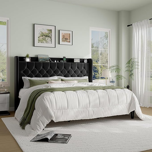 SHA CERLIN King Size Platform Bed Frame with Charging Station, Velvet Wingback Headboard with Storage Shelf, Wooden Slats Support, Ample Under-Bed Space, No Box Spring Needed, Easy Assembly, Black