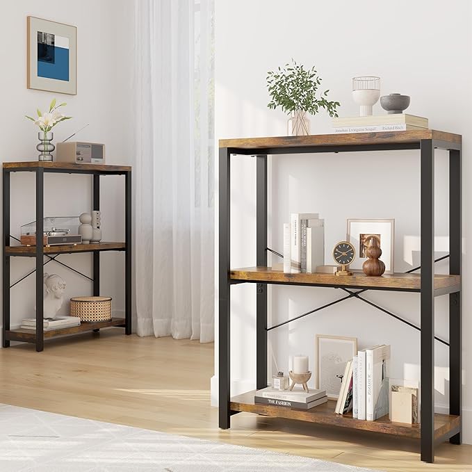 3-Tier Adjustable Heavy Duty Bookshelf, Industrial Wooden Open Storage Rack with Black Metal Frame, Vintage Bookcase with Lock Wall Design, Rustic Brown