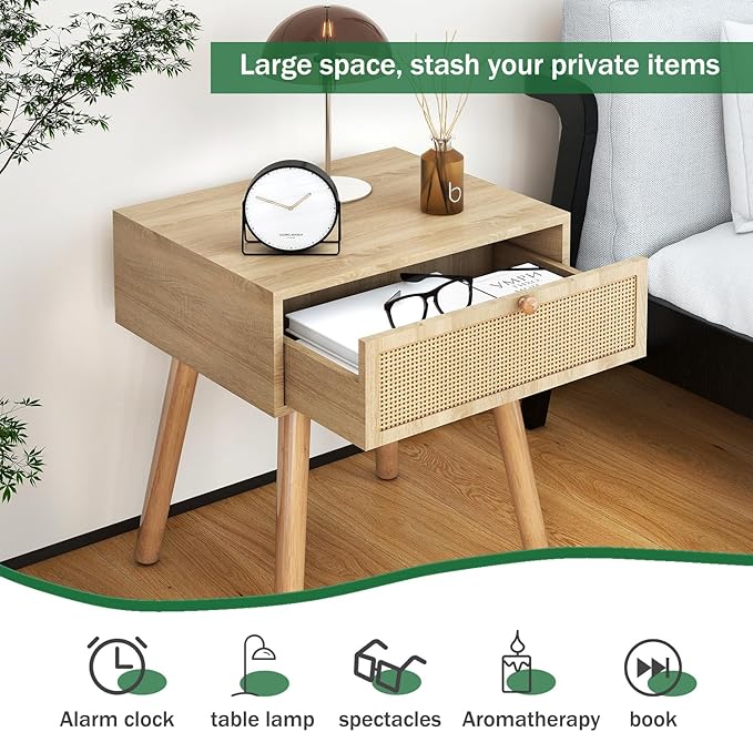 IBUYKE Hidden Compartment Nightstands, Rattan Nightstand with Wood Legs, Boho Side Table Concealment Furniture, Bedside End Table for Bedroom, Easy Assembly, Natural UWNS010N