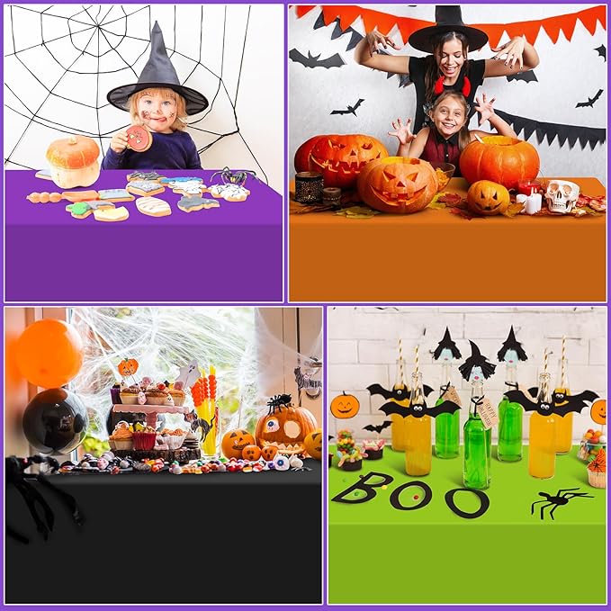 MASHAN 4Pcs Halloween Tablecloth Plastic Orange Black Purple Green Table Cloths Disposable Rectangle Table Covers for Halloween Theme Kids Birthday Witch Vampire Party Decorations, 54 x 108 Inch