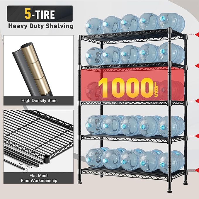 REIBII Storage Shelves, 5-Tire Wire Shelving Load 1000LBS Metal Shelves for Storage Adjustable Garage Shelving Unit Wire Shelf Rack Kitchen Storage Rack Pantry Shelves 31.5''W x 15.7'' D x 71''H