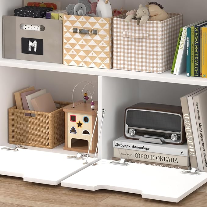 Toy Organizer and Nursery Bookshelf, 4-Tier Wooden Kids Bookcase with Storage Bins, Playroom Storage Rack for Toys and Books, Toy Storage Organizer for Playroom, Nursery, Classroom, White