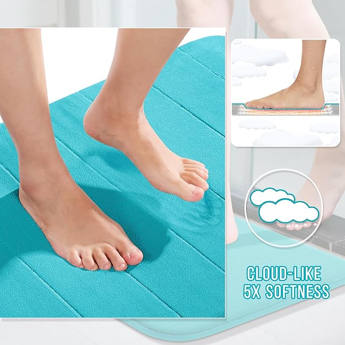 Yimobra Memory Foam Bath Mat, Super Soft Absorbent Bathroom Rug Non Slip 24x17 Inch, Quick Dry, Machine Washable Floor Carpet for Tub Shower, Home Decor Accessories, Lake Blue