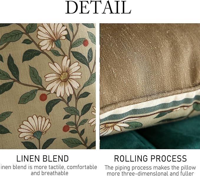 Design Square Green Floral Linen Throw Pillow Covers 18"x18" Pack of 2, White Simple Elegant Daisy Pattern Cushion Covers Decor Pillowcases for Bed,Living Room,Outdoor,Car