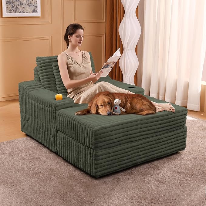 Garvee Oversized Chaise Lounge Chair Indoor with Storage Ottoman, Upholstered Corduroy Sofa Bed Cloud Couch with 3 Pillows, Single Sleeper Sofa Chair for Living Room, Bedroom