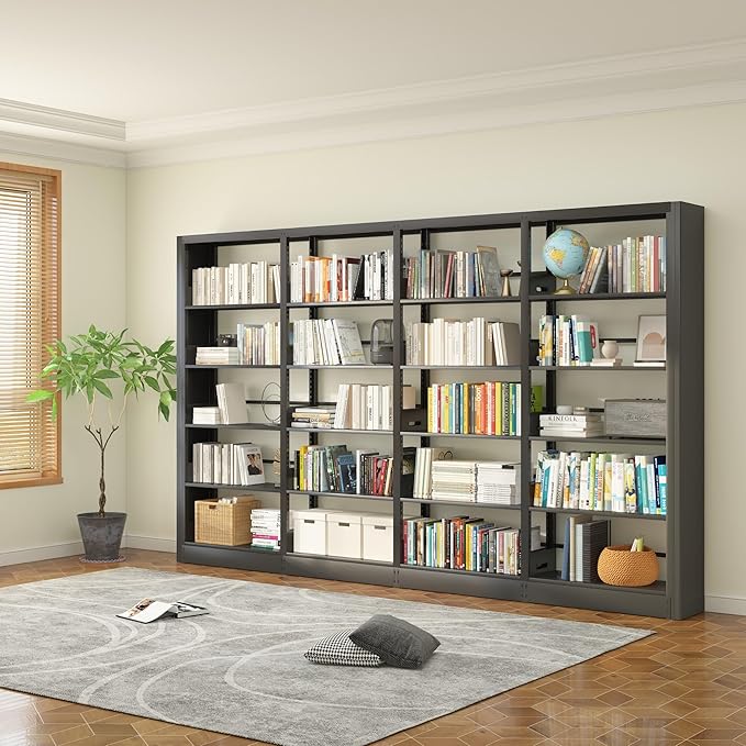 5-Tier Black Bookshelf, Metal with Adjustable Storage Shelves, Freestanding Bookcases and Bookshelves, Wide Bookshelf for Home Office, Living Room, Including Book Stopper