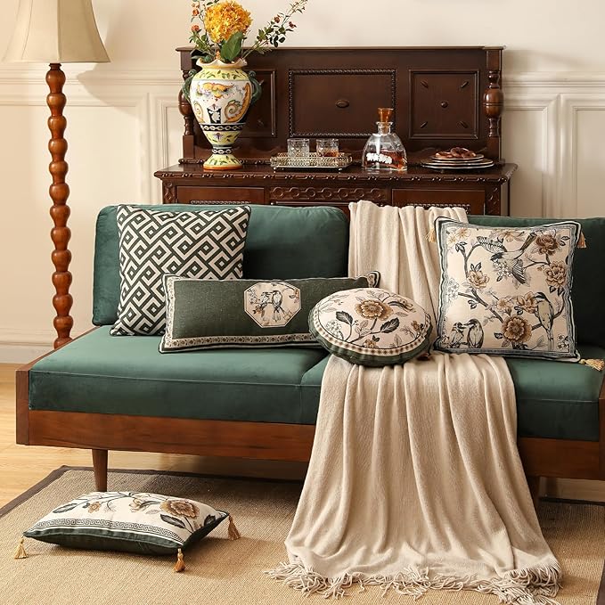 Design Linen Chinoiserie Round Throw Pillow Covers Diameter 16" Pack of 2, Farmhouse Cushion Covers with Yellow Floral Birds Pattern Decoration Pillowcases for Bed,Living Room,Outdoor,Car