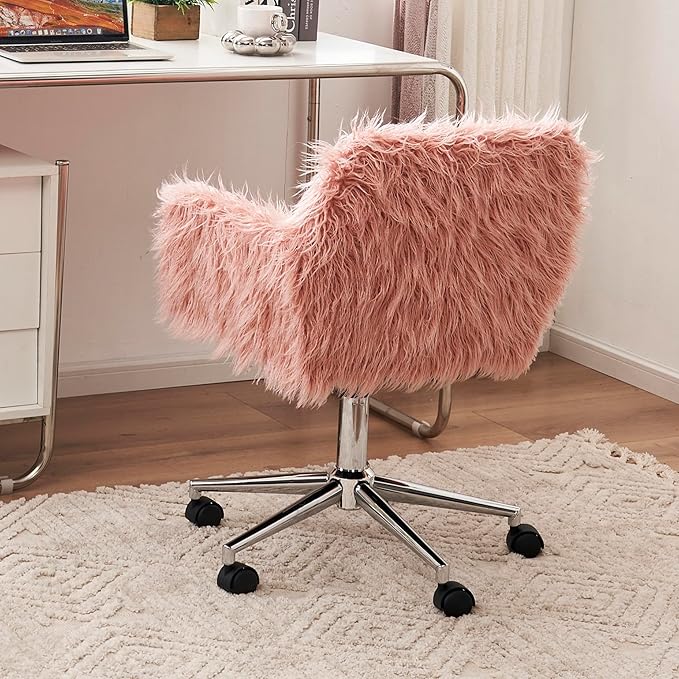 Goujxcy Fluffy Desk Chair, Pink Faux Fur Vanity Chair Swivel Office Chair for Girls Women, Height Adjustable Cute Plush Furry Makeup Chairs for Bedroom Home Office
