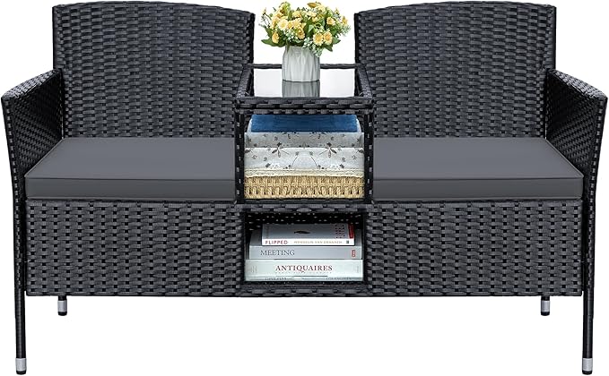 Greesum Patio Loveseat Outdoor Wicker Furniture Conversation Set with Soft Cushions & Built-in Coffee Table for Lawn Garden Backyard, Gray