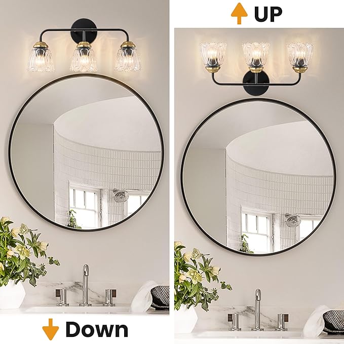 3-Light Black and Gold Bathroom Vanity Light, Thickened Glass Shade Wall Sconce, E12 Base Vanity Lighting Fixture for Mirror Cabinet Makeup Dressing Table