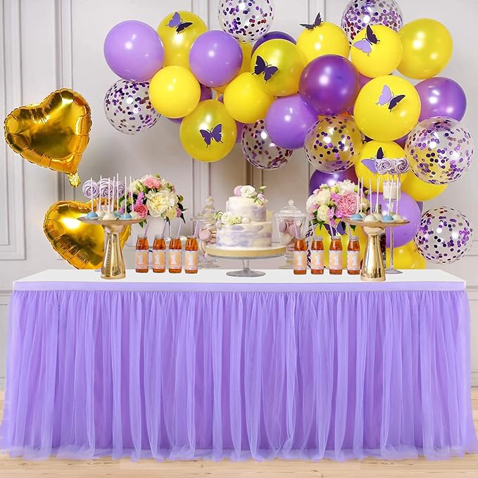 2 Pack 6ft Purple Table Skirt for Baby Shower Girl Lavender Tutu Table Skirts for Rectangle Tables or Round Tables Tulle Table Cloth for Parties Mermaid Butterfly Elephant Birthday Wedding Decorations