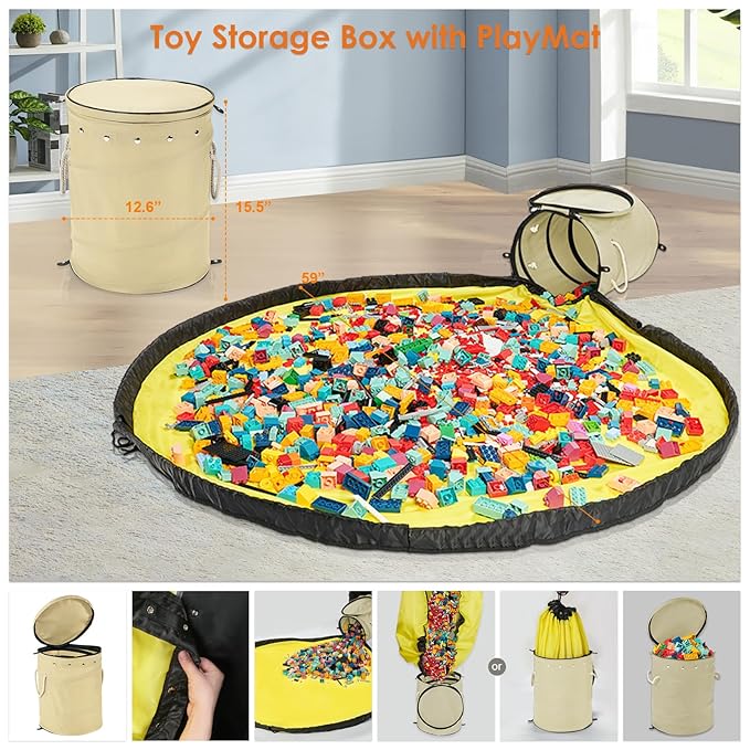 Toy Storage Basket with Slide and Large Play Mat for Boys and Girls Building Blocks Organizer, Foldable Fabric Storage Container Basket Bin Kids Toy Box with Rug for Boy Playroom Organization