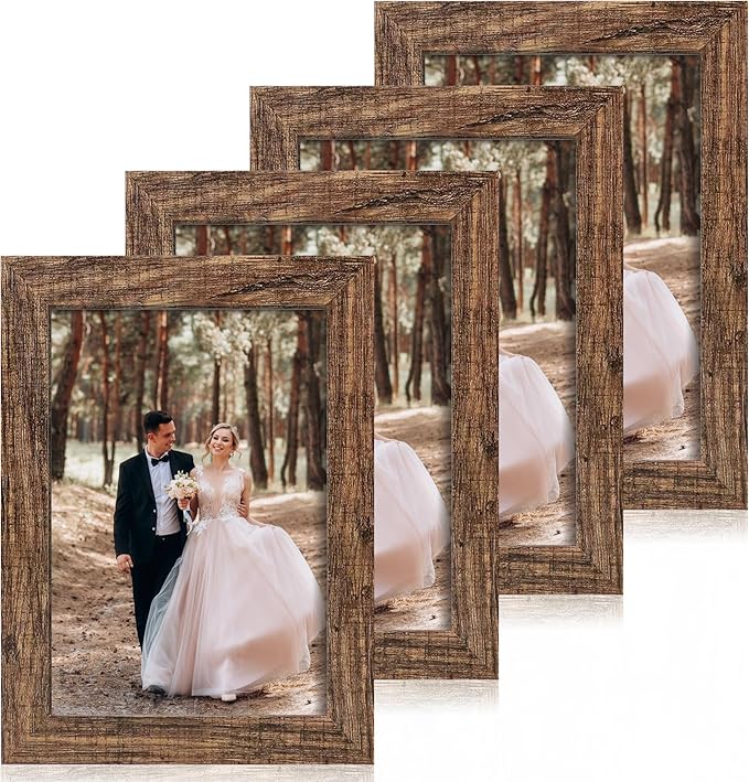 6x9 Picture Frame Set of 4, High Definition Real Glass Rustic Frame, 6 x 9 Photo Frames for Tabletop Display and Wall Mounting