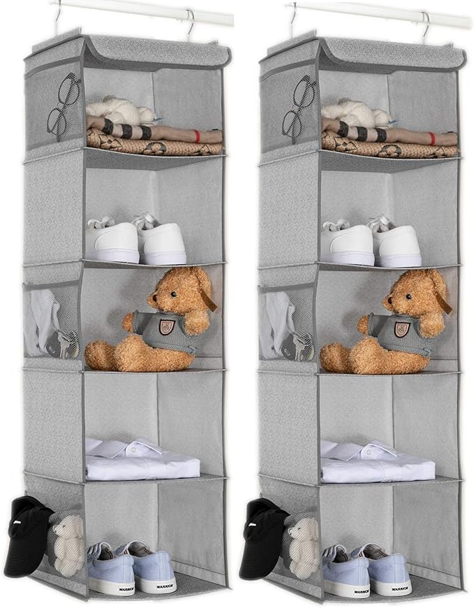 5 Shelves Hanging Closet Organizer, 2 Pack Hanging Storage with 6 Side Pockets for Clothes Bags, 43"x12"x12"(Light Gray)