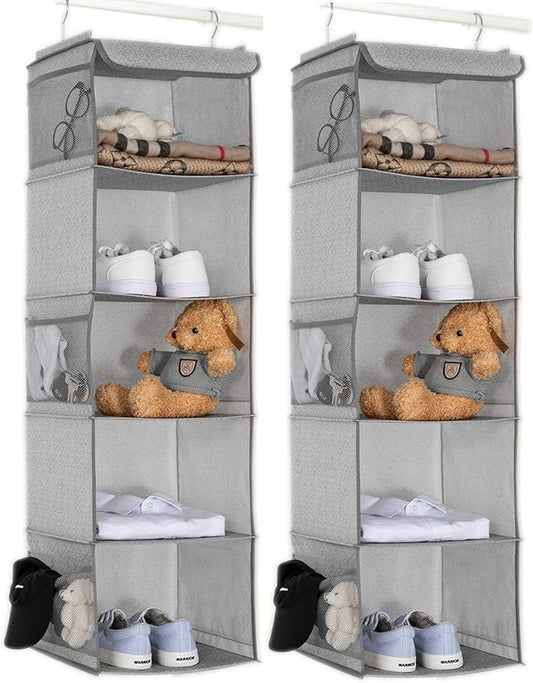 5 Shelves Hanging Closet Organizer, 2 Pack Hanging Storage with 6 Side Pockets for Clothes Bags, 43"x12"x12"(Light Gray)