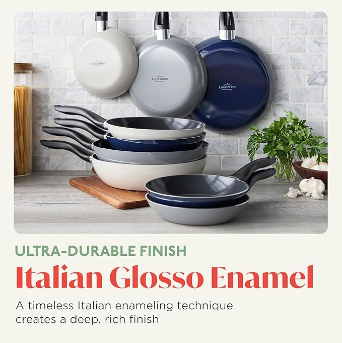 Deco 8” Nonstick Frying Pan Skillet, Made in Italy, Diamond Ceramic PFAS-Free, Dishwasher & Metal Utensil Safe, Durable Gloss Enamel Finish, Stay-Cool Handle, High Walls-Extra Room, Taupe