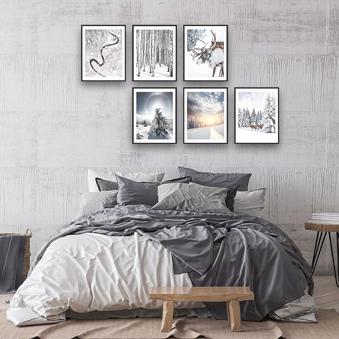 HoozGee Winter Wall Art Prints Set of 6 Canvas Print Artwork Sun Poster Ice Lake Snow Forest Frost Deer Pictures Photography Photo Bedroom Art Wall Decor (11"x14" UNFRAMED, Winter Art)