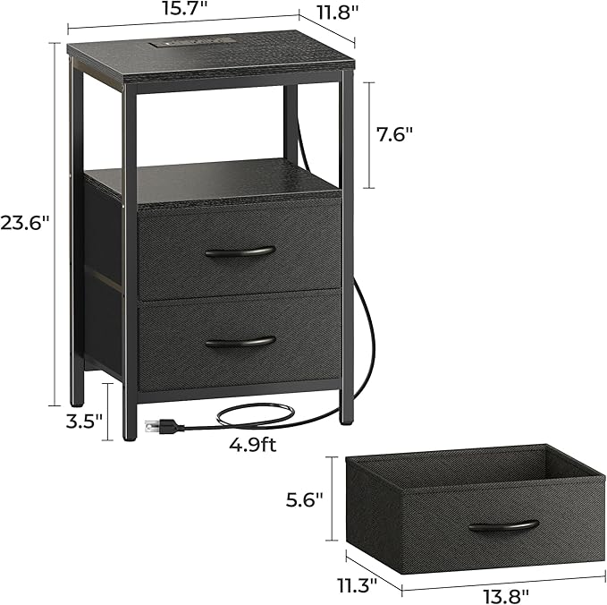 Huuger Nightstand with Charging Station, Side Table with Fabric Drawers, End Table with Open Shelf, Bedside Table with USB Ports and Outlets, Night Stand for Bedroom, Black