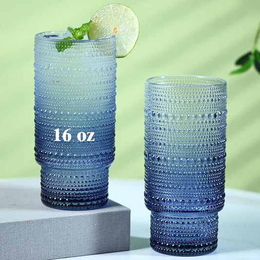 6pcs Hobnail Drinking Glasses Set, 16 oz Vintage Glassware Drinking Glasses, Gradual Gray-blue Water Glasses Tumbler, Cups for Kitchen, Juice, Beer, Cocktail, Whiskey