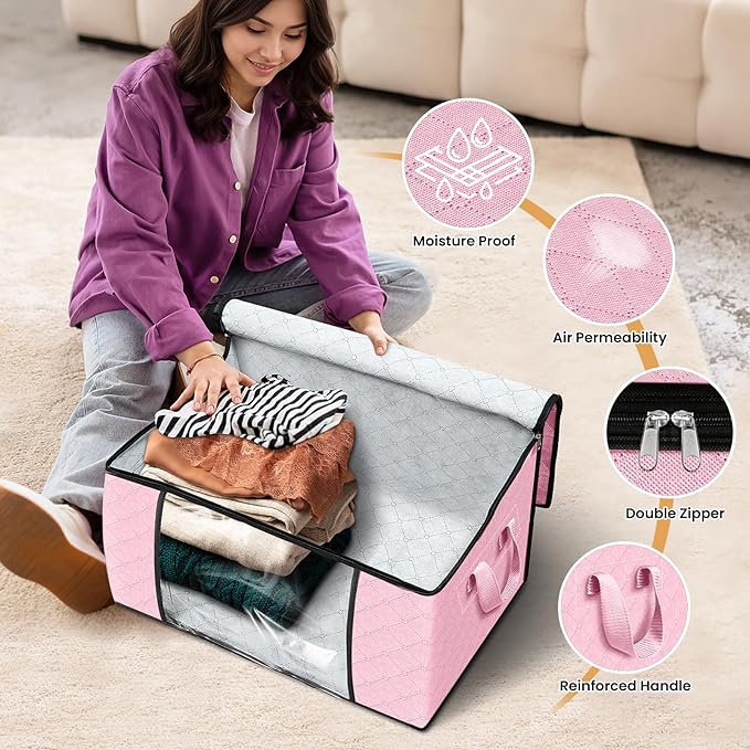 Fab totes 6 Pack Clothes Storage, Foldable Thick Fabric Blanket Storage Bags, Containers for Organizing Bedroom, Closet, Clothing, Comforter,Organization with Handle,Pink