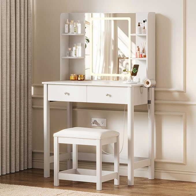 Vanity Desk with Mirror and LED Lights, Small Makeup Vanity Table Set with Drawers and Chair, Dressing Table with Power Outlet for Girls Bedroom, White