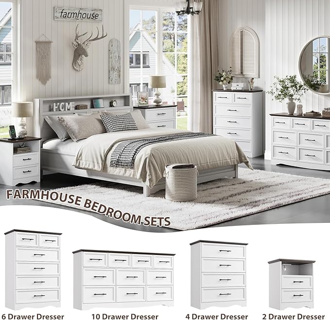 Set of 2 Farmhouse Nightstands with Charging Station, End Tables with 2 Drawers Storage, Space-Saving Wood Storage Cabinets with Unique Base Design, Bedside Tables for Bedroom, Living Room, White