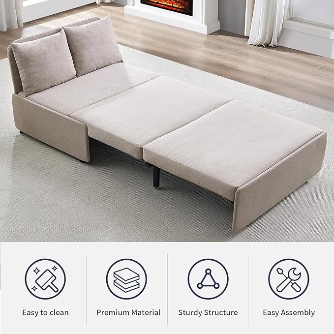 Sofa Bed, Full Size 2 in 1 Pull Out Sofa Couch Bed with Cushions & Throw Pillows & Wheels, Modern Linen Convertible Foldable Sleeper Sofas Couch for Small Spaces, Living Room Furniture - Beige