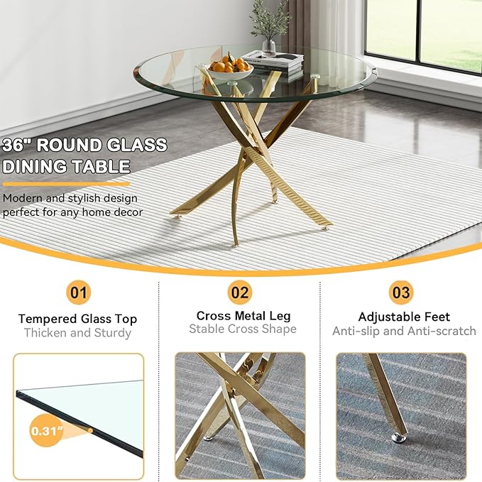 Goujxcy 5 Pieces Round Dining Table Set for 4, Modern Gold Glass Kitchen Table and Chairs for 4 with Upholstered Chairs, Circle Coffee Dining Table Set for Small Space,Apartment,Office