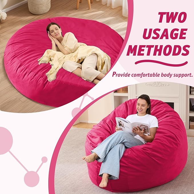 7FT Bean Bag Chair with Ultra Soft Velvet Cover Bean Bag Sofa with Memory Foam Bean Bag Chairs with Large Size Lazy Sofa for Dorm Office Living Room Bedroom Hot Pink 7'