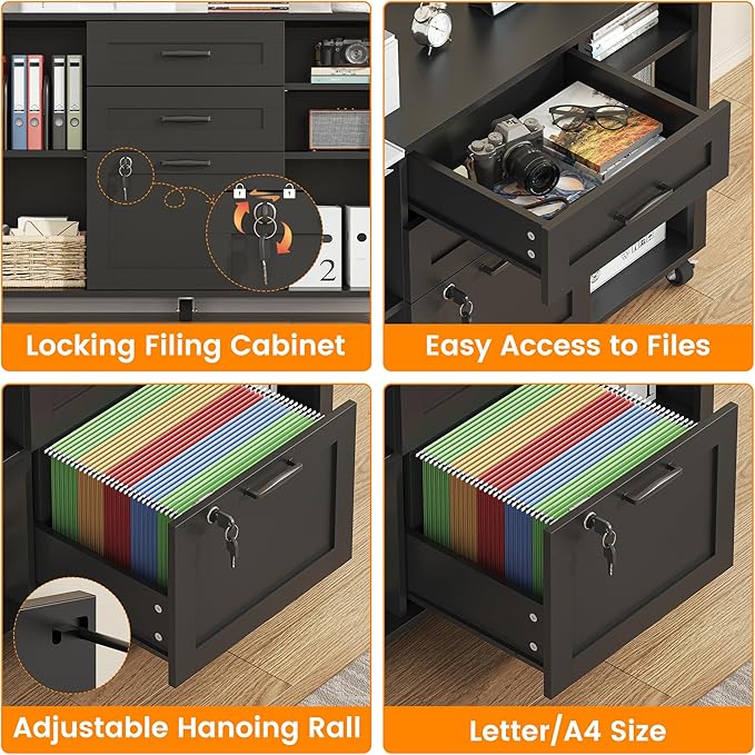 Semoic 3 Drawer Wood Lateral File Cabinet with Lock, Rolling Mobile Filing Cabinet with Open Storage Shelves, Printer Stand Office Storage Cabinet for Home Office Fits Files Legal/A4 Size, Black