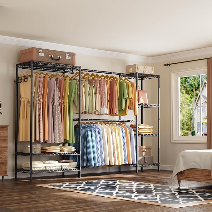 Heavy Duty Garment Rack Clothes Rack,Large Metal Closet Organizer System Storage Wardrobe,Freestanding Clothing Rack with 9 Adjustable Wire Shelves&3 Hang Rods,MaxLoad 1500lbs