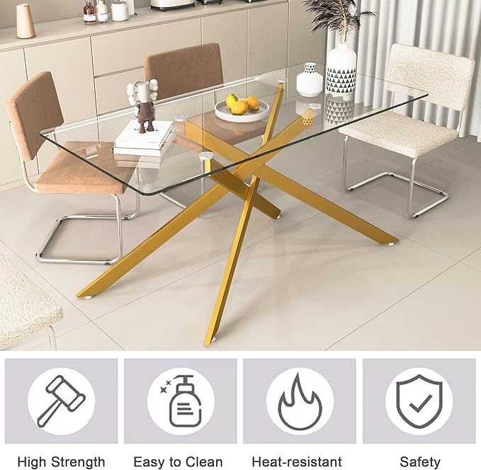 Goujxcy Glass Dining Table Set for 4, Modern Kitchen Table and Chairs Set of 4, 5-Piece Kitchen Dining Room Table Set w/61 Glass Gold Dining Table and 4 Beige Velvet Upholstered Chairs