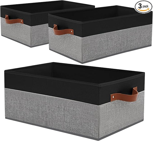 3 Pack Large Capacity Storage Bins Closet Organizer for Shelves, Fabric Closet Storage Baskets Boxes with Leather Handles for Organizing Clothes, Sheets, Jeans, Toys, Books (Black and Grey)