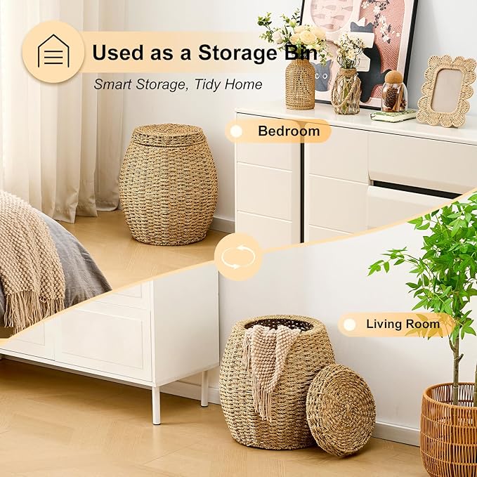 Round Wicker Basket with Lid, Handwoven Seagrass Storage Basket, Blanket Organizer Basket for Laundry, Bathroom, Bedroom, Living Room, Office