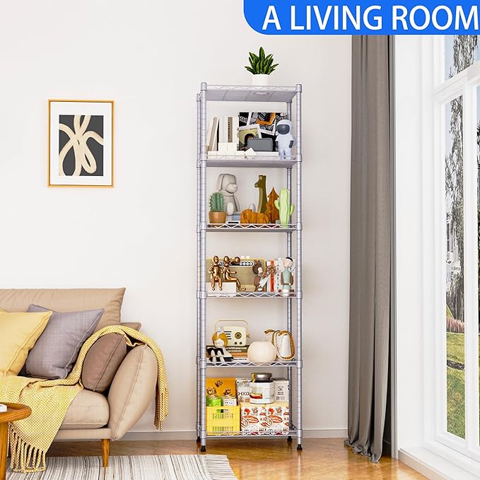 REGILLER 6 Wire Shelving Steel Storage Rack Adjustable Unit Shelves for Laundry Bathroom Kitchen Pantry Closet(Silver, 11.7" D x 16.8" W x 63" H)