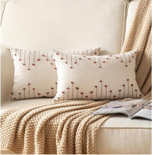 Caflife Boho Throw Pillow Covers 12x20 Set of 2 Decorative Pillows for Bed, Neutral Pillow Covers Beige with Rust Line Throw Pillows for Modern Farmhouse Couch Sofa Living Room Outdoor
