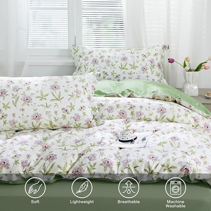 SAPHREAS Lavender Floral Duvet Cover Set Twin Size 2pcs Pink Purple Flower Green Branches Blossom Bedding Comforter Cover Set 100% Cotton 1 Duvet Cover 68"x90" 1 Pillow Sham, Comforter Not Included