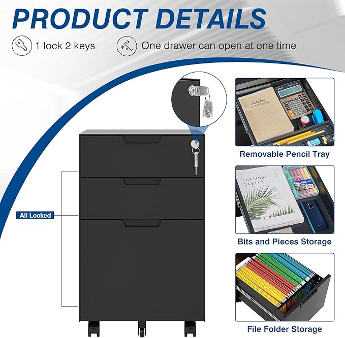 3 Drawer Vertical File Cabinet, Mobile Filling Cabinets with Lock for Legal/Letter Size, Pre-Built Office Storage File Cabinet with Wheels Under Desk - Fully Assembled