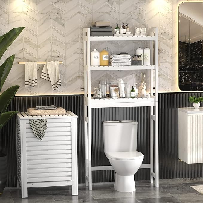 Homykic Over The Toilet Storage, Bamboo Over Toilet Bathroom Organizer Rack, Freestanding Bathroom Shelves Above Toilet Storage with 3 Hooks, Bathroom Space Saver, No Rust, Easy to Assemble, White