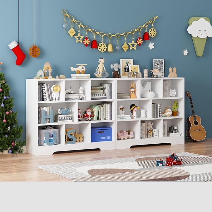 Kids Book Shelf Set of 2, 8 Cubes Storage Organizer Montessori Bookshelf, 3-Tier Wooden Kids Bookcase, Toy Storage Organizer for Children, White Toddler Bookshelf Cube Shelf for Kid’s Room