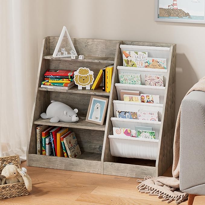 4 Tier Kids Bookshelf Wooden, Five Layer Sling Children Bookcase, Baby Toddler Storage Book Rack, Book and Toy Organizer Cabinet Chest, Book Display Shelf Stand, Playroom Nursery Classroom Library