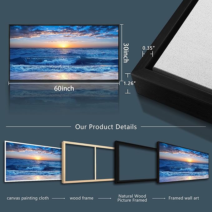 Wapluam Black Framed Canvas Wall Art For Living Room Large Wall Decor For Bedroom Office Wall Decorations Blue Ocean Beach Wall Painting Sunny Sea View Wave Wall Pictures Artwork Room Home Decor