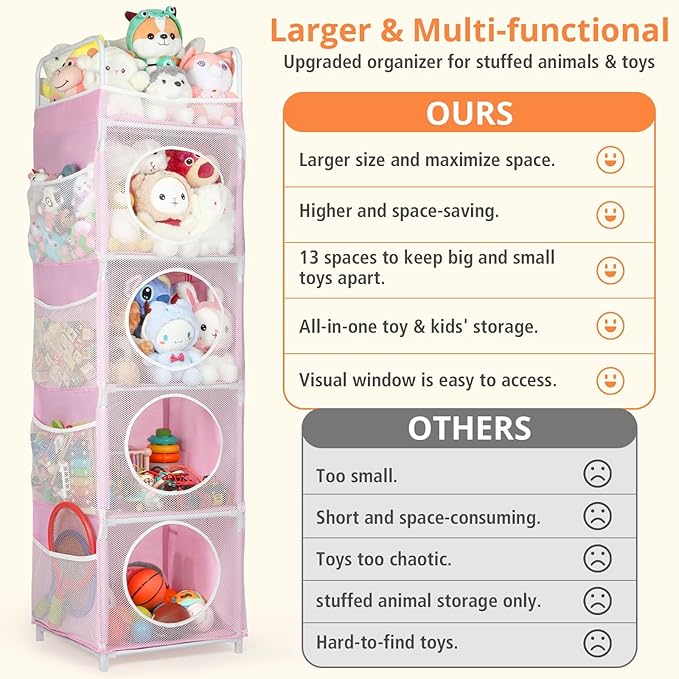 Stuffed Animal Storage, 5 Tier - 8 Side Pockets Toy Storage Organizer, 63.8" Space-Saving Corner Storage for Kids' Bedroom & Playroom, Pink