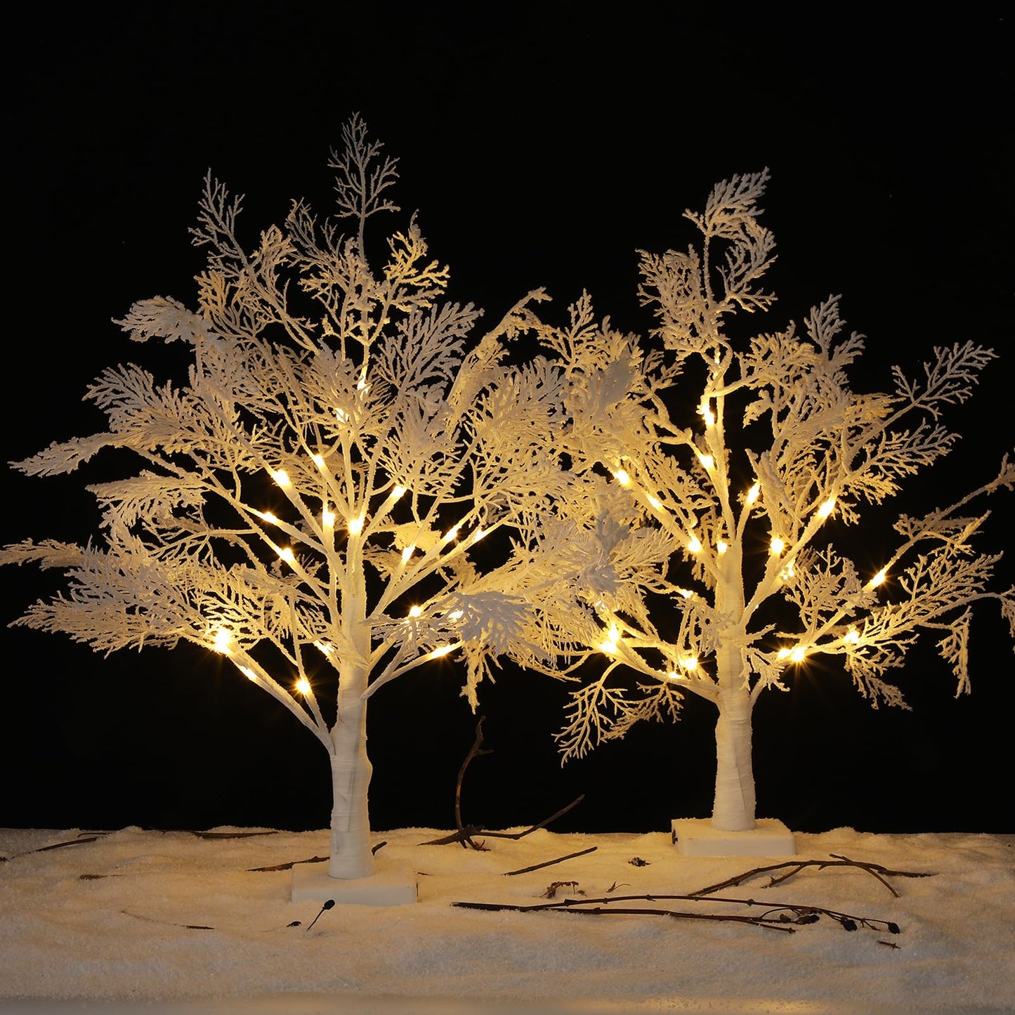 Quzzil 2 Pack Flocked Tabletop Christmas Tree with Lights 24 Inch Artificial Small White Christmas Snow Birch Tree Frost Battery Powered/USB Table Centerpiece for Indoor Mantel Holiday Decor