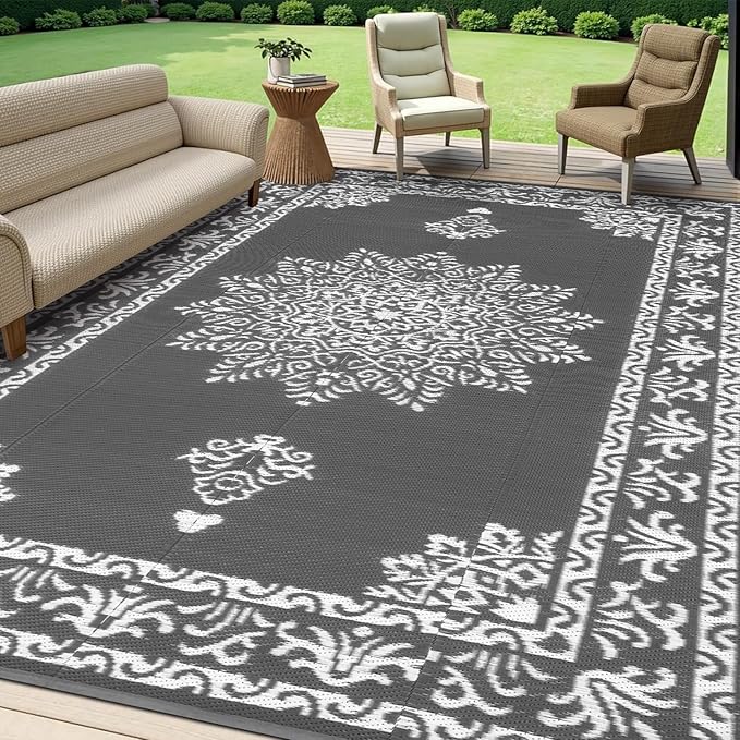 Yamaziot Outdoor Rug 8x10 Ft, Waterproof Reversible Plastic Straw Patio Rug, UV Resistant Portable RV Mat Clearance, Large Indoor Outdoor Rug for Patio, Porch, Deck, Balcony, Dark Gray